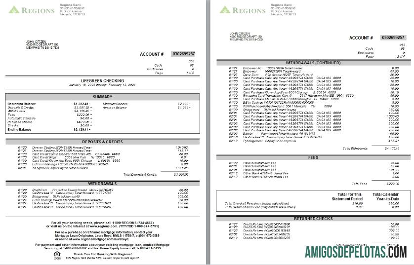 Extrato bancário das regiões do Tennesse dos EUA, 4 páginas, versão 2 Scr amostra